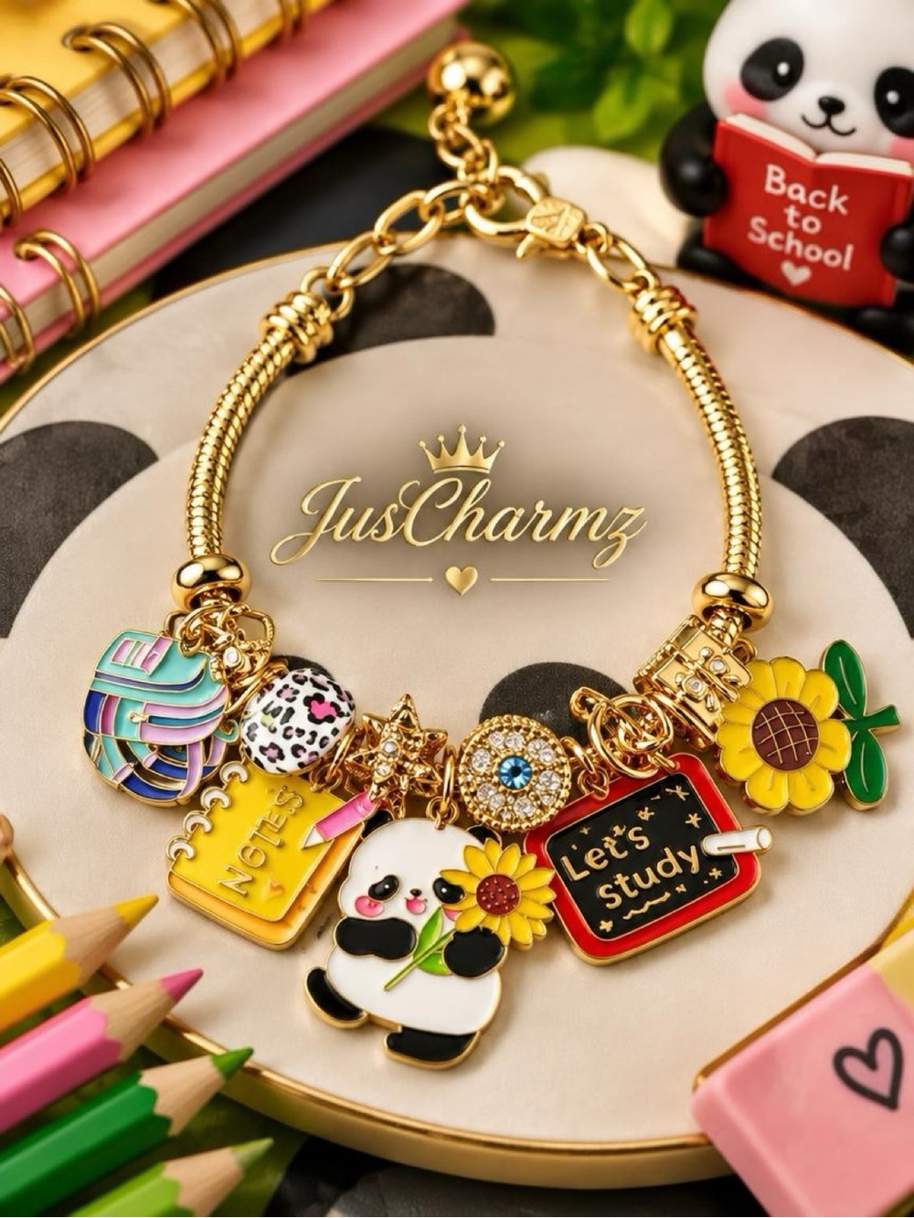 Back to School Panda Charm Bracelet - Teacher & Student Gift